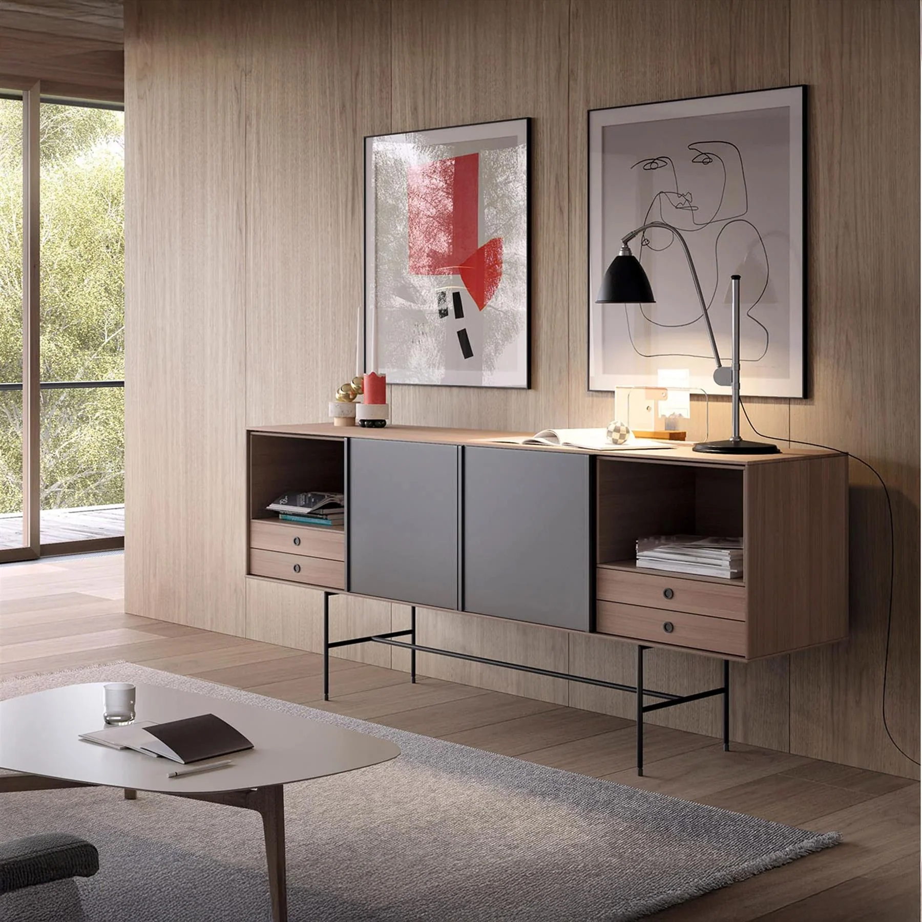 Treku Aura Sideboard with Sliding Doors - Walnut, Moss & Anthracite - Image 2